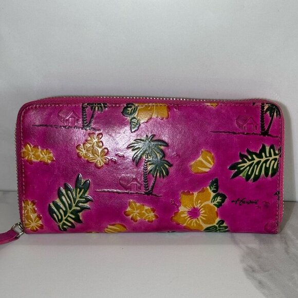 Hawaiian Women Tropical Leather Palm Floral Design Wallet Pink Size 4x8 - Picture 6 of 7